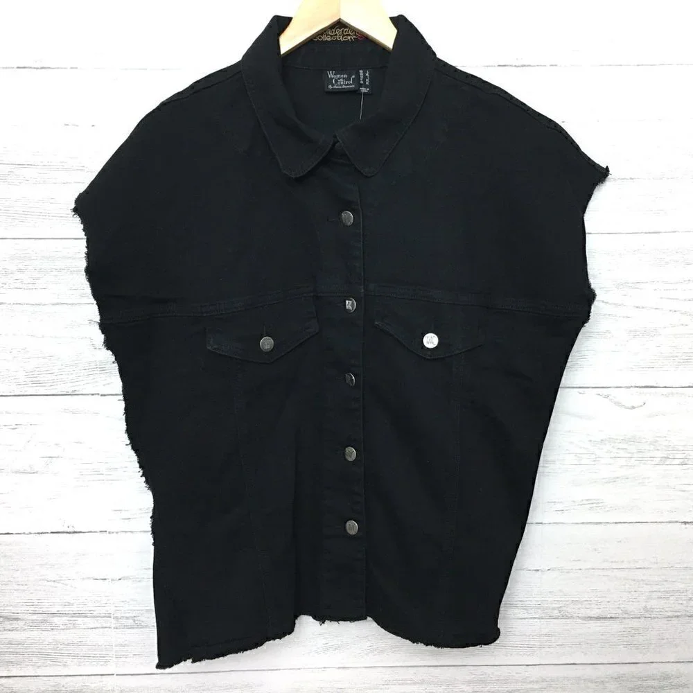 NEW Women With Control Black Denim Vest Sleeveless Button Front Stretchy Large